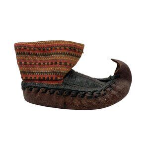 Decorative Vintage Leather Miniature Shoe with Textile Top 5″ Long Curled Toe